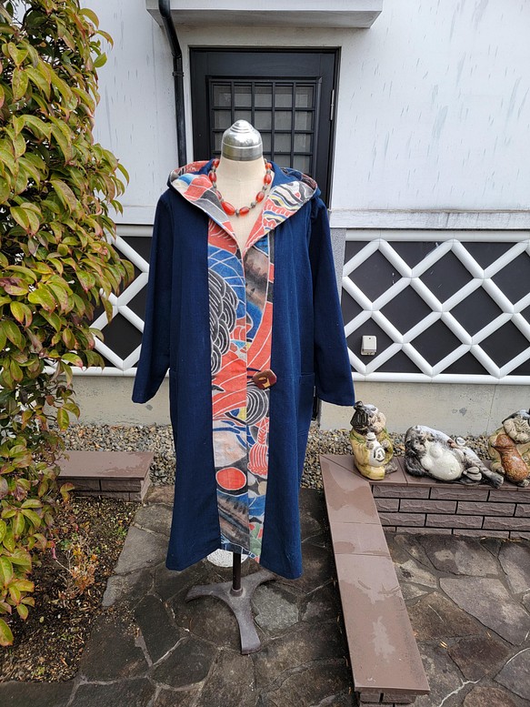 古布 着物リメイク 印半纏、縞木綿、絵絣からロングコート - ロングコート