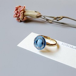 ヴィンテージ ブルー ガラス フラワー リング 指輪 アンティーク 1枚目の画像