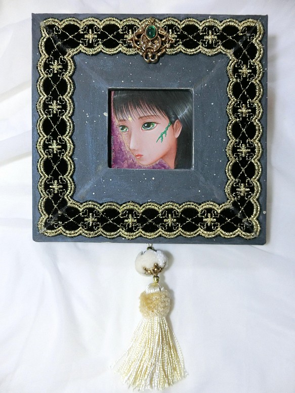 貴方のための絵　"エメラルドの戦士"　幻想絵画　少女　一点物　タッセル　宝石　シブヤ ルリ　Rury Shibuya 1枚目の画像