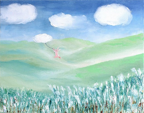 手描き。原画。油絵。「雲追いうさぎ」 dejandohuellas.com.py