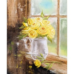 手描き 原画 油絵 「窓の前の黄色いバラ」 1枚目の画像