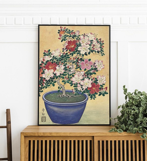 NO.353】躑躅の花の鉢植え日本画アートポスター☆ツツジ和柄和モダン