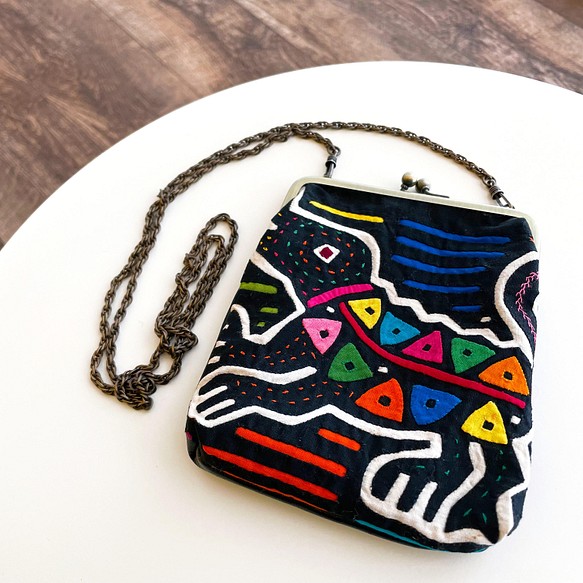 Mola × Leather Mini Bag #2／モラ 刺繍 レザー がま口バッグ ポシェット