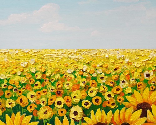 油絵 絵画 【夏空と太陽とひまわり畑】