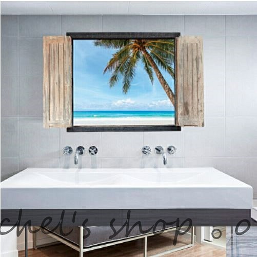 ウォールステッカーD55-ブルースカイのビーチ（3D）　ヤシの木　夏　模様替え　送料無料 剥がせるシール 壁シール イン 1枚目の画像