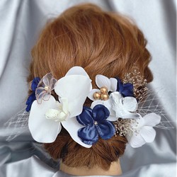 金✖️ネイビー 紺色 成人式 成人式前撮り 結婚式 髪飾り ヘッドピース 