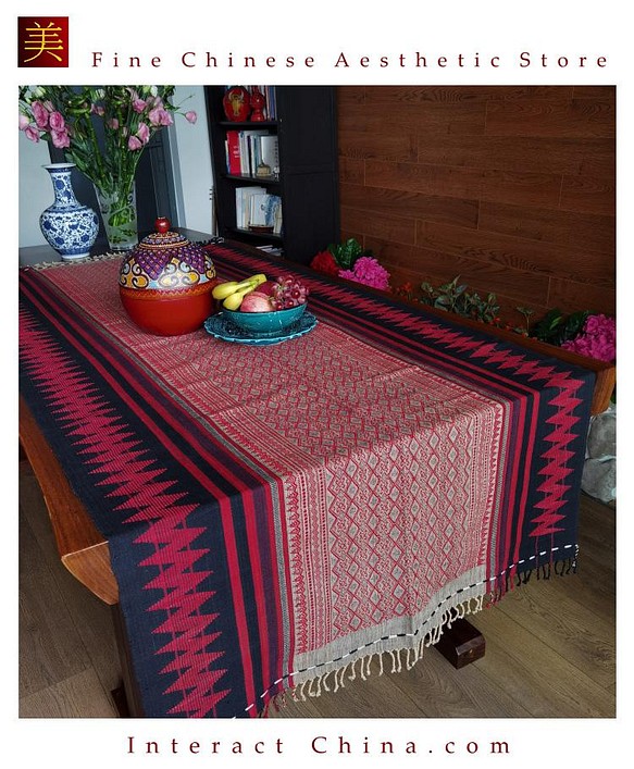 アカ族手織り天然コットン製アジアンBOHOタペストリー２２８x９８cm 長方形 テーブルランナー テーブルクロス#105 