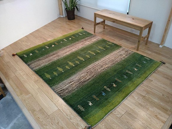 ぺルシャ ギャッベ リビング 緑 195×153cm 若草色 カーペット・絨毯 