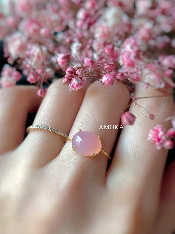 【桜色】春爛漫　silver925  18KGP ピンクカルセドニーリング    天然石リング 指輪  サイズ変更 1枚目の画像