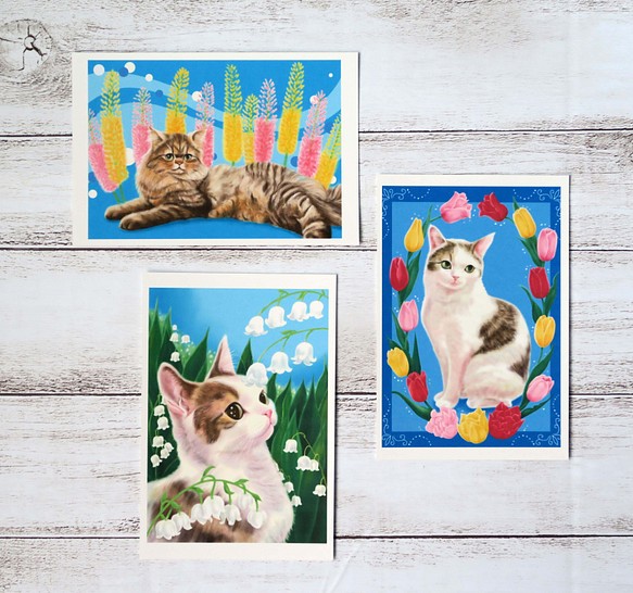 花と猫ポストカード〈スズラン、チューリップ、エレムルス〉３枚セット 1枚目の画像