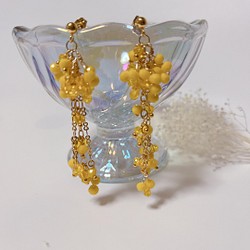 ミモザ　ガラスビーズの揺れるロングピアス/イヤリング　mimosa ゆらゆら揺れる　女性らしい　春　ぷるんと可愛い黄色　 1枚目の画像