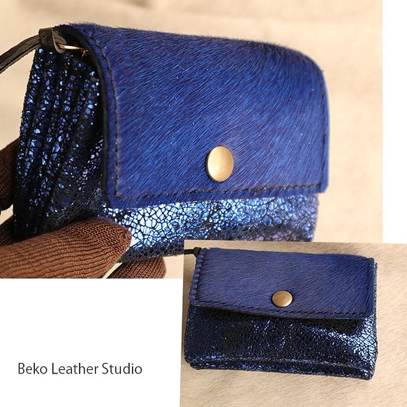 3層のハラコ革とひび割れたようなブルーの革で作る財布/3miru-harako 1枚目の画像