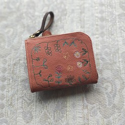 刺繍革財布『GARDEN』BrownPink（ヤギ革）二つ折り財布☆L字ファスナーコンパクト☆ 1枚目の画像