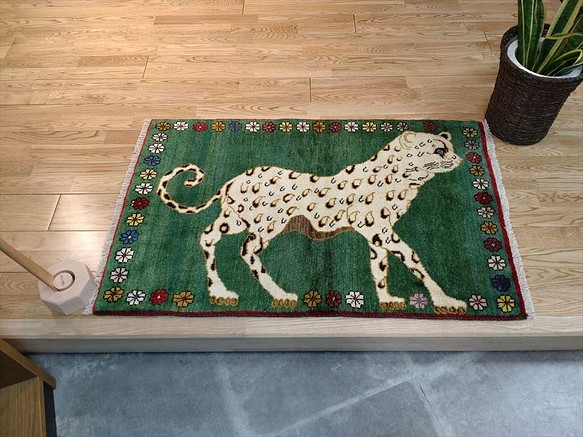 ペルシャ ライオンギャッベ 70x106cm グリーン beige マット ギャベ