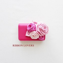 【送料無料】リボンの薔薇のカードケース(ピンク①) 1枚目の画像