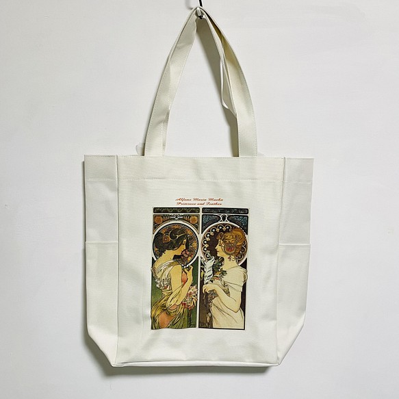 ミュシャ 桜草と羽根 マルチポケットトートバッグLサイズ トートバッグ