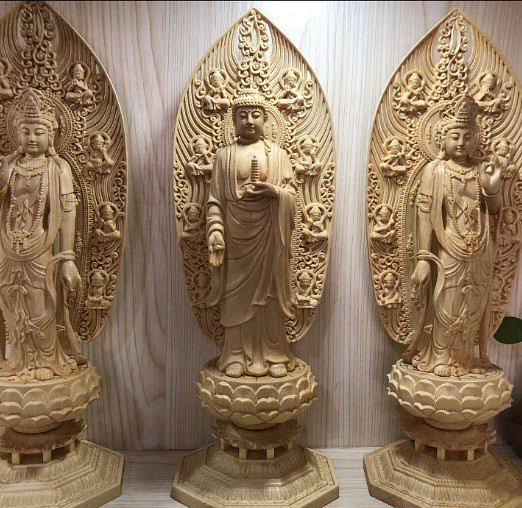 極上品 薬師三尊 薬師如来 日·月観音菩薩 木彫仏像 仏教美術 置物 細工
