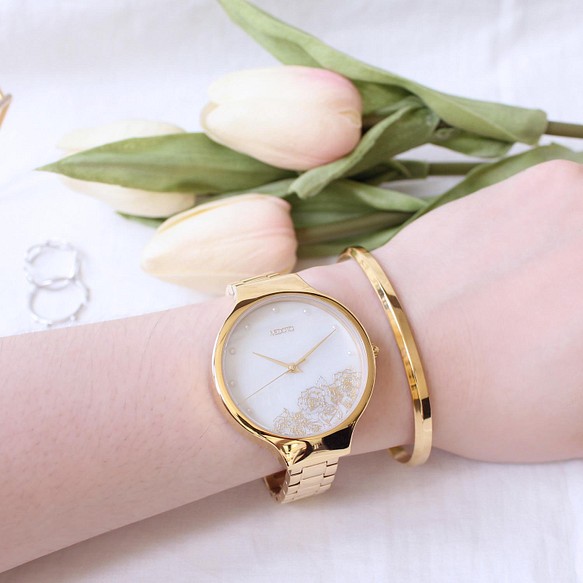 Elegant Glitter 玫瑰花貝殼面優雅女錶手錶 EG-11402 金色 第1張的照片