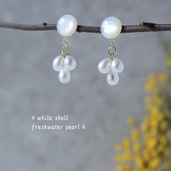【Creema限量點上】*漂亮的白色貝殼和漂亮的水滴形淡水珍珠耳環*可換耳環*大號 第1張的照片