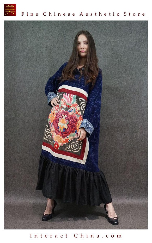 ミァオ族手作りのアンティーク刺繍付きマキシドレス マキシ丈