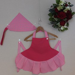 女児用エプロン 三角巾セット ピンク色の水玉模様 1枚目の画像