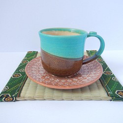 トルコブルー＋黒釉コーヒーカップ(ソーサー付き) 1枚目の画像