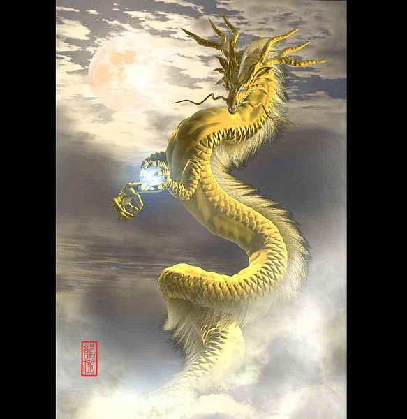 龍の絵「月雲・金龍・明るめ」自作A4　竜の絵 1枚目の画像