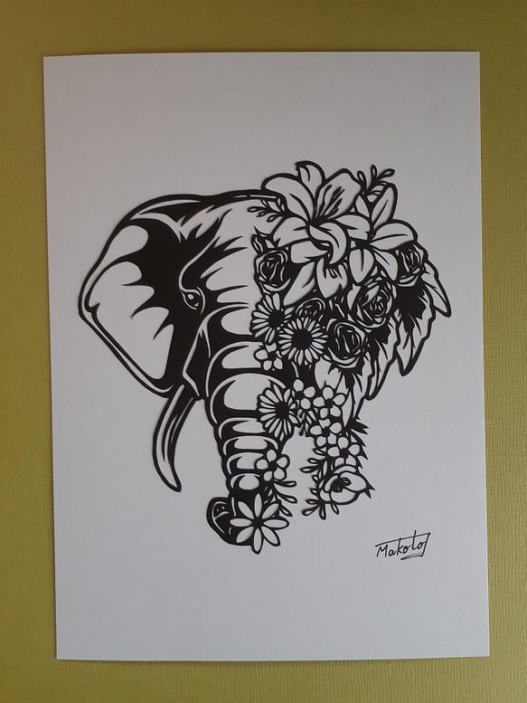 切り絵アート ゾウと飾り花 切り絵 makochin 通販｜Creema(クリーマ)