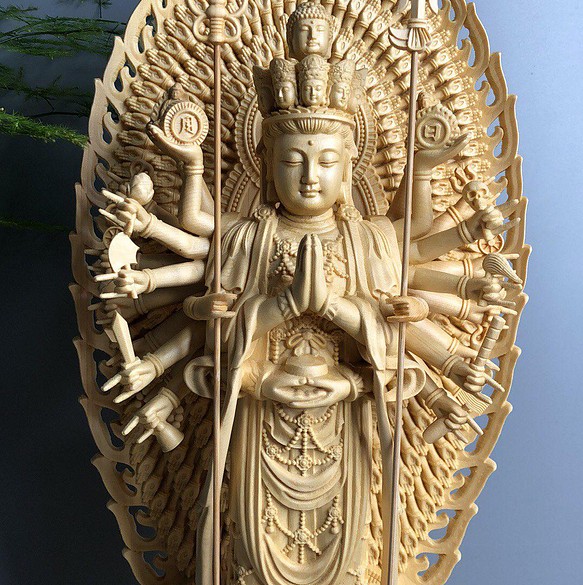 仏教工芸品 木彫仏教 千手観音菩薩 精密細工 極上品 仏師で仕上げ品 - 彫刻