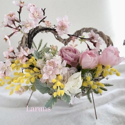 桜のアレンジ　春の桜とチューリップとミモザのバスケット　ギフトにも　再販 1枚目の画像