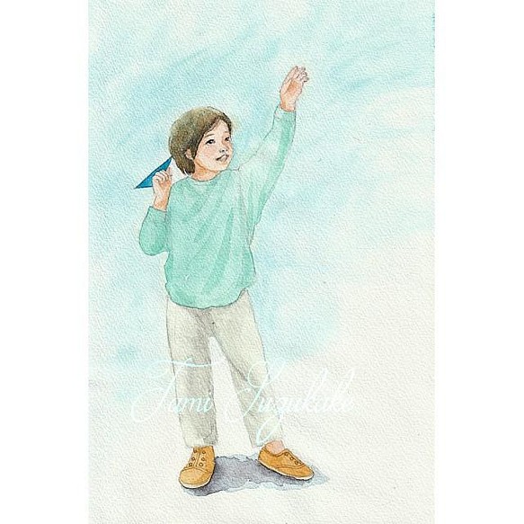 水彩画・原画「紙飛行機を飛ばす少年」 1枚目の画像