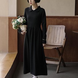 黑色 經典修身高彈力POLO領洋裝 腰部抽褶親膚舒適少女感連身裙 第1張的照片