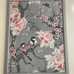 オリジナル 生地額装 ファブリックパネル シノワズリ 鳥 花 額装 絵画