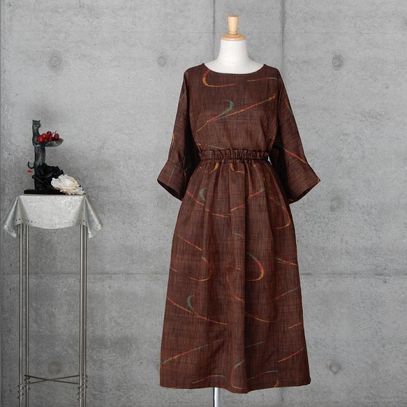 着物リメイク　紬のスカート/フリーサイズ  茶系 1枚目の画像