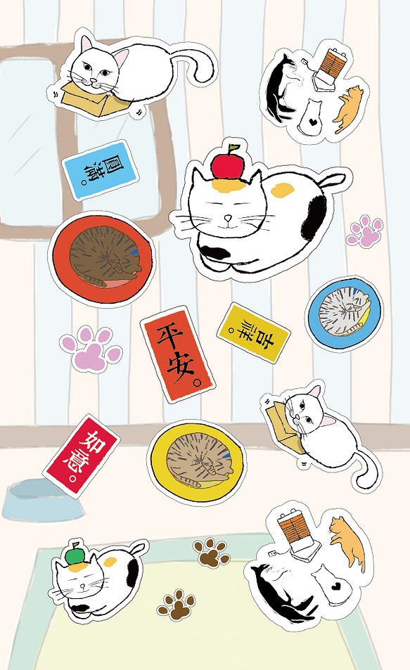 【ステッカー】高質感白底防水貼紙-貓咪吉祥話 White Sticker 第1張的照片