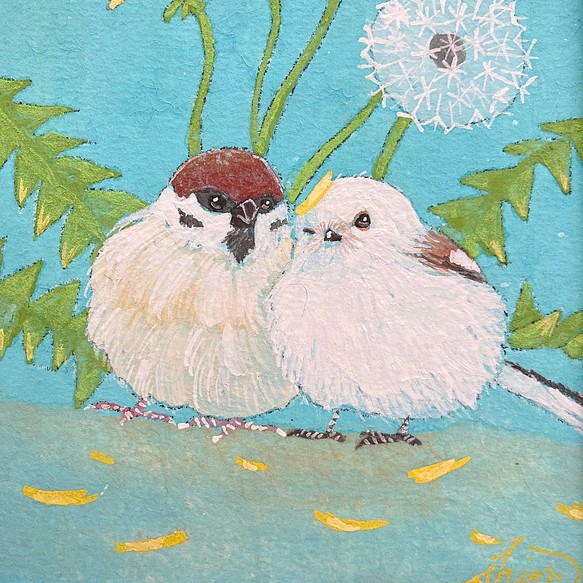 春の日本画 タンポポと春の小鳥たち インテリアアート 鳥の絵画 スズメ 