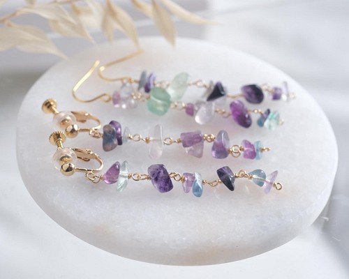 handahófi multi fluorite earring：マルチフローライト ロングピアス