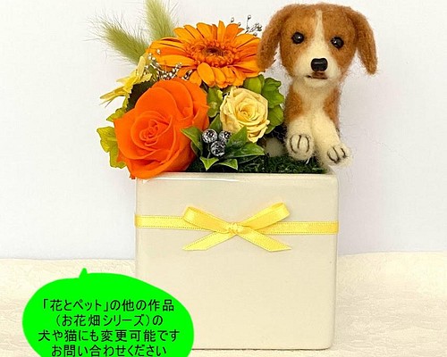 お花畑とビーグル犬＆　プリザーブドフラワー　（オレンジ色系）/　フラワーアレンンジ　花　ガーベラ　ペット　犬　プレゼント