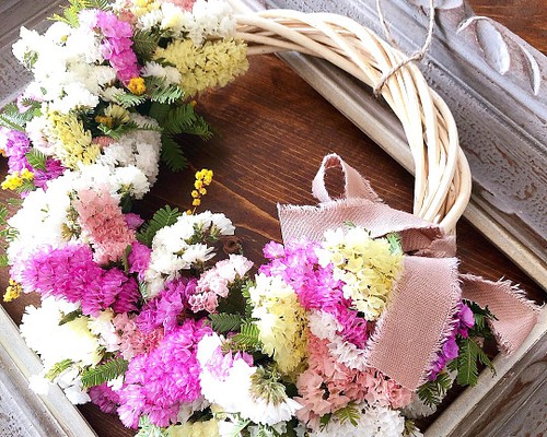 【永遠のリース】スターチス ミモザ ナチュラル ボタニカル ドライフラワー リース インテリア 植物 お祝い 母の日 花
