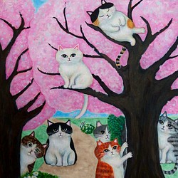 原画 「さくらねこの集まる桜の木」 F10号 #絵画 #ねこ #桜猫 #さくら猫の日 #猫の絵 #桜 #アート