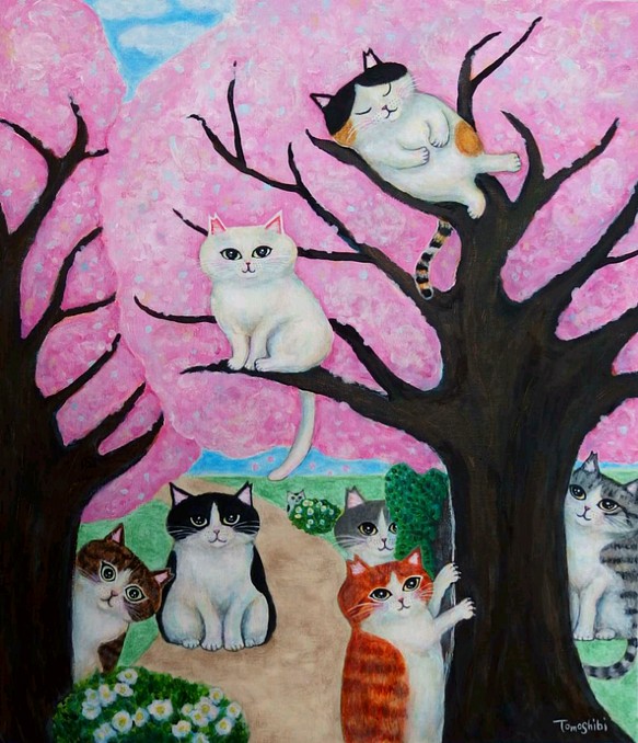 原画 「さくらねこの集まる桜の木」 F10号 #絵画 #ねこ #桜猫 #さくら猫の日 #猫の絵 #桜 #アート 1枚目の画像