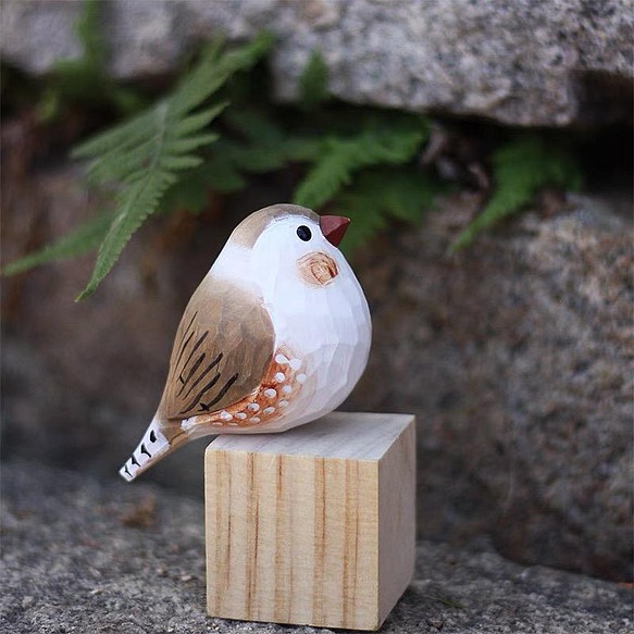 【受注制作】鳥好きさんへのプレゼント 置物 木彫り 文鳥 天然木 彫刻