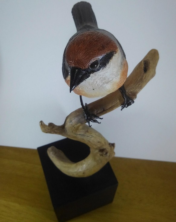 木彫りの野鳥のオブジェ(百舌鳥)-