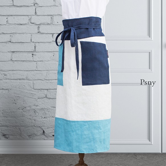 PSNY 3色亞麻、白藍、腰圍裙、長款侍酒師圍裙 AP07 第1張的照片