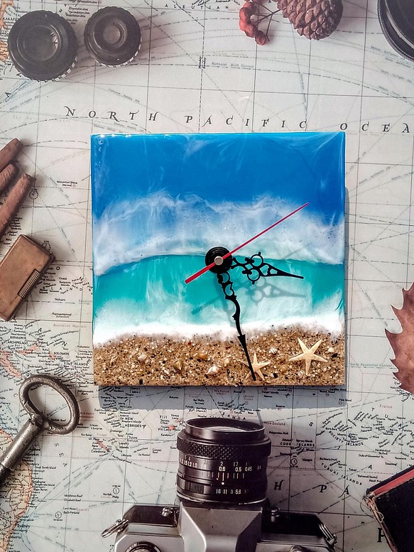海洋風格樹脂時鐘 |手工樹脂繪畫 |海牆裝飾 | 寧靜的夏天 第1張的照片