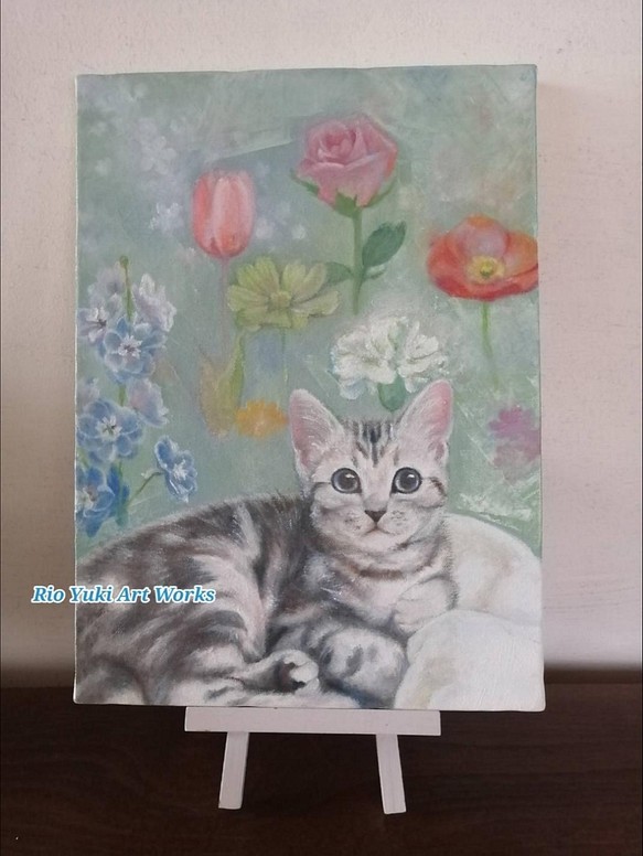 子猫とお花の絵 油絵原画「Fragrance room」 - 絵画