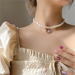 韓国ファッション 淡色オパールとパールのネックレス ペンダント アクセサリー -5014