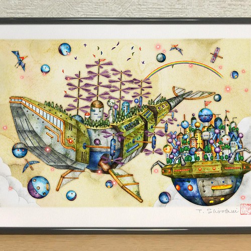 クジラ型飛行船と浮遊都市』オリジナルイラスト デジタル版画 A4サイズ