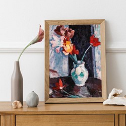 【NO.372】チューリップの花瓶の絵画フラワーアートポスター☆赤色アンティークリビング玄関★ハガキ2L判A5A4A3 1枚目の画像