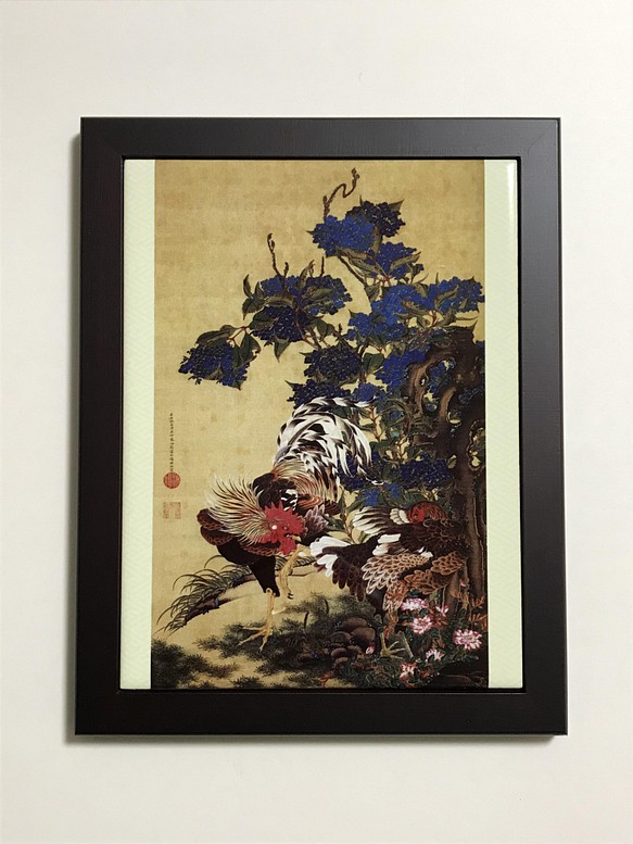 伊藤若冲 紫陽花双鶏図 フォトタイル木製フレーム付き 1枚目の画像